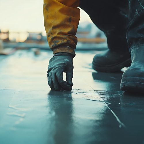 Worker Installing Waterproof Membrane on Roof