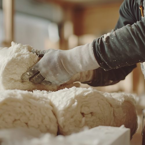 Worker Handling Insulation Material in Construction Site
